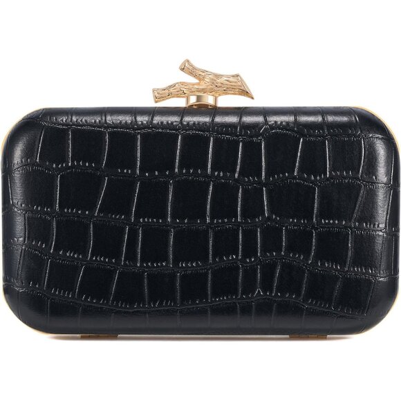 Women's Black Crocodile Leather Formal Evening Shoulder Clutch Chain Strap Bag - Picture 1 of 6